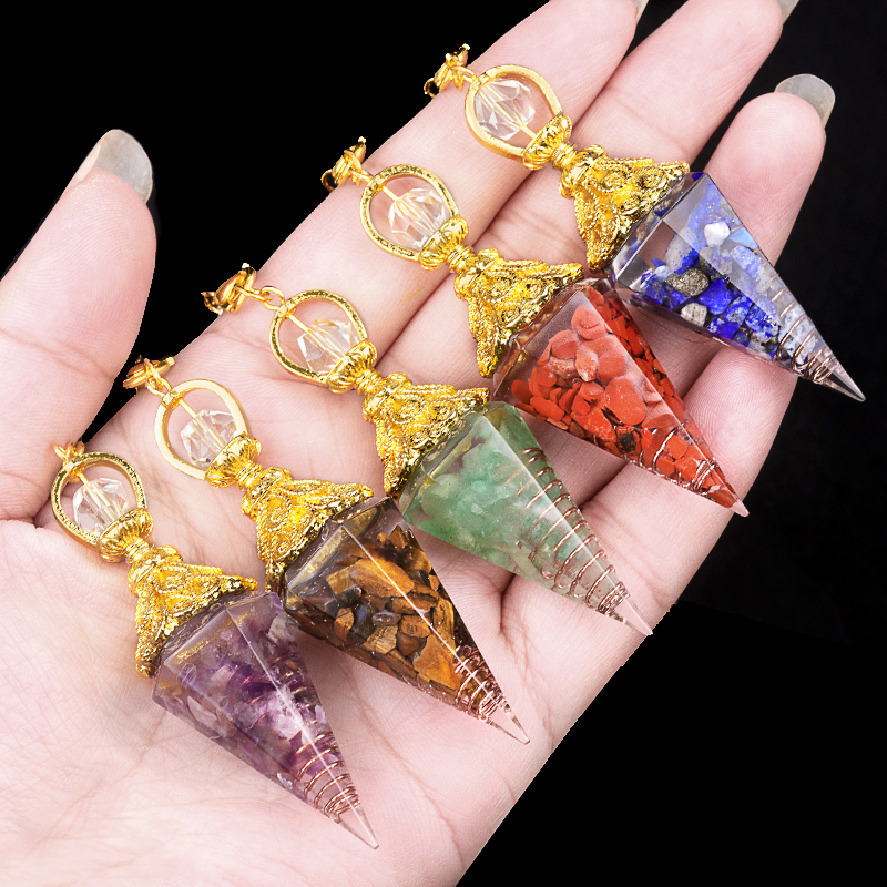 Chip Stone Resin Hexagonal Cone Gold Pendulum Pendant(approx 20x40mm) for making jewelry
