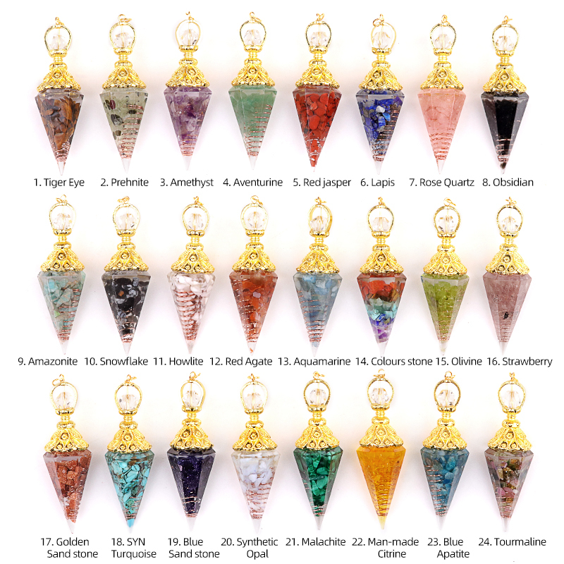 Chip Stone Resin Hexagonal Cone Gold Pendulum Pendant(approx 20x40mm) for making jewelry