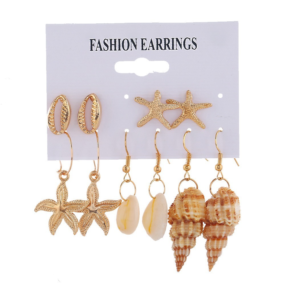 Unisex Alloy Earrings Set Cute Starfish Stud Shell Conch Hoop with Zircon for Wedding or Children's Occasions