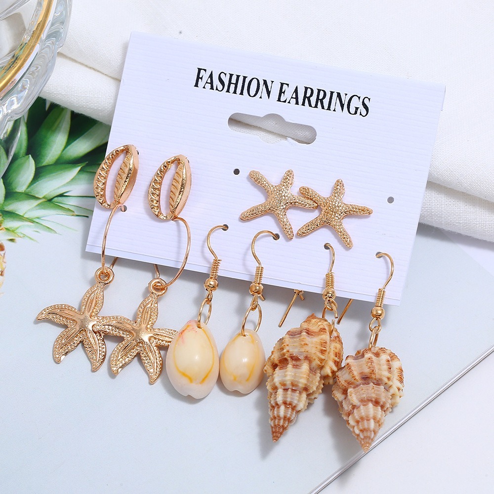 Unisex Alloy Earrings Set Cute Starfish Stud Shell Conch Hoop with Zircon for Wedding or Children's Occasions