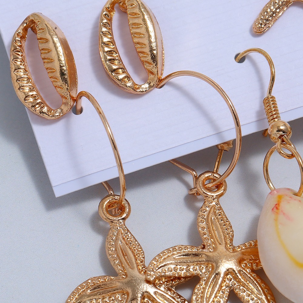 Unisex Alloy Earrings Set Cute Starfish Stud Shell Conch Hoop with Zircon for Wedding or Children's Occasions