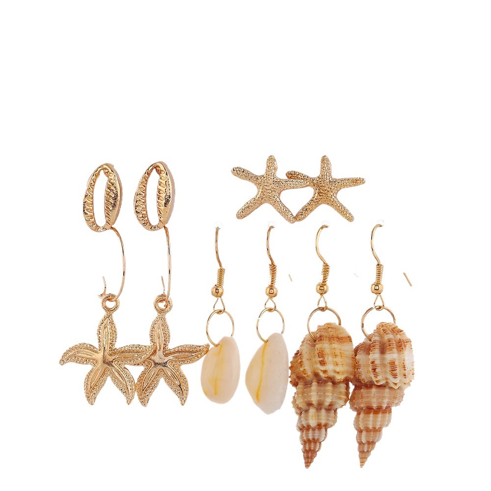 Unisex Alloy Earrings Set Cute Starfish Stud Shell Conch Hoop with Zircon for Wedding or Children's Occasions