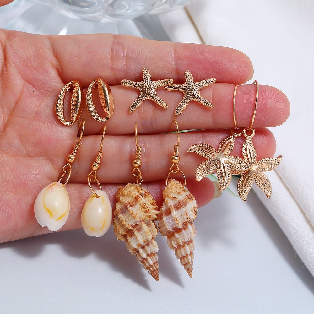 Unisex Alloy Earrings Set Cute Starfish Stud Shell Conch Hoop with Zircon for Wedding or Children's Occasions