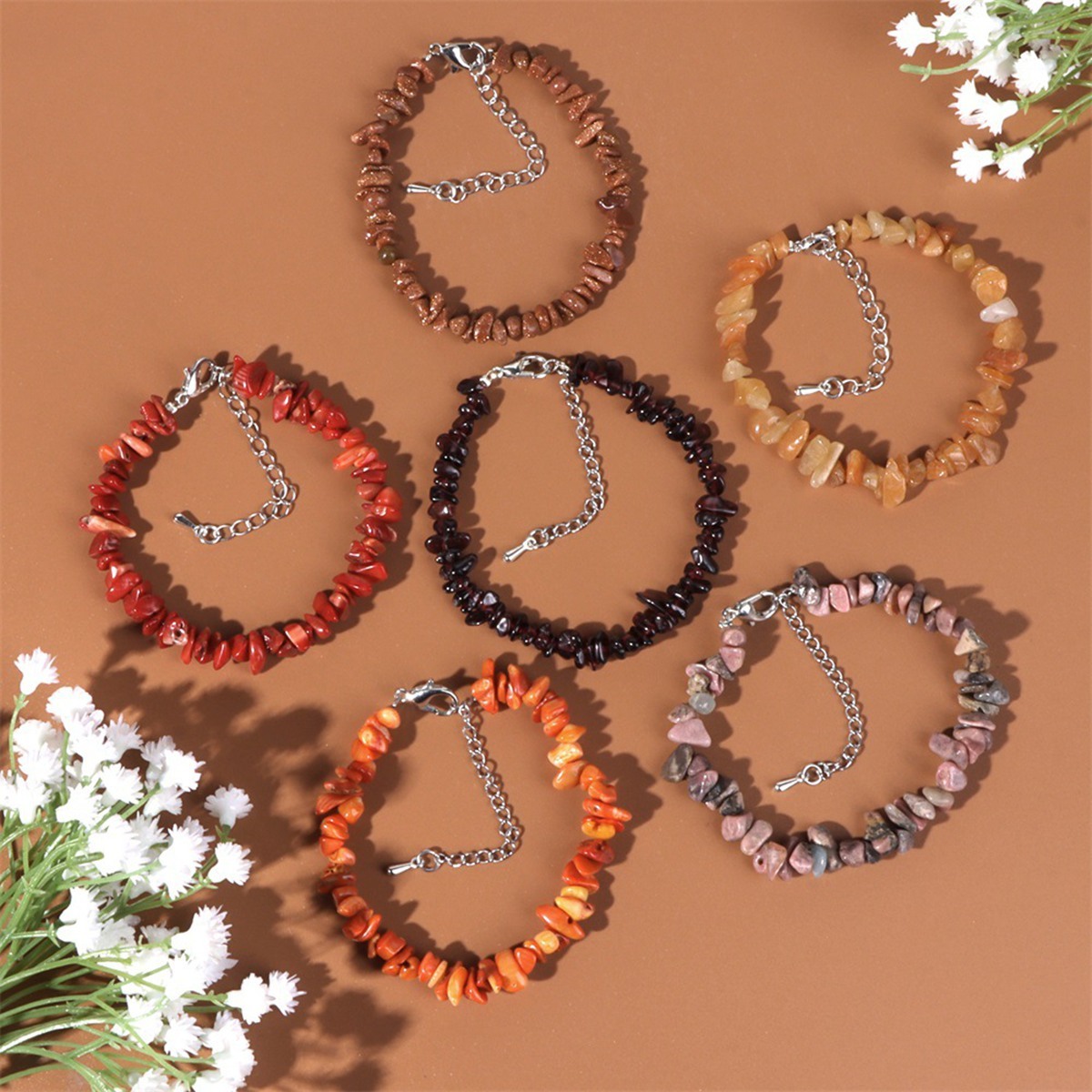 Irregular Chips Gemstone Beads Bracelets Silver Lobster Clasp and Extended 5CM Chain