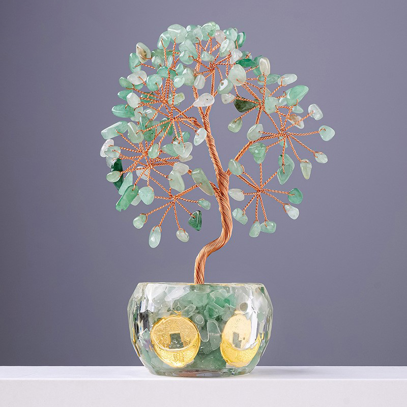 Green Aventurine Raw Gemstone Copper Life of Tree Crystal Money Base Spiritual Meditation Energy Room Office Desk Decor Gifts