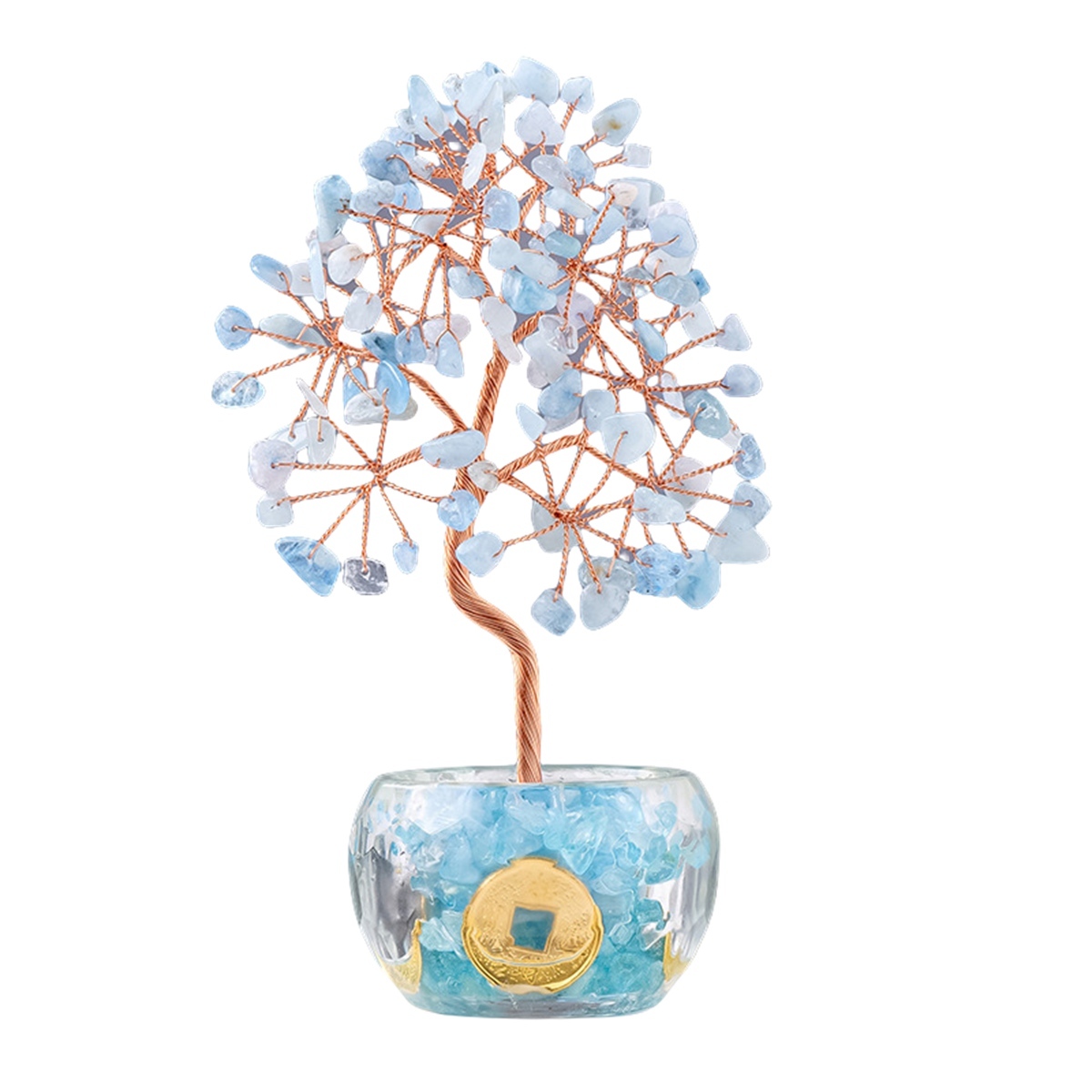 Aquamarine Raw Gemstone Copper Life of Tree Crystal Money Base Spiritual Meditation Energy Room Office Desk Decor Gifts