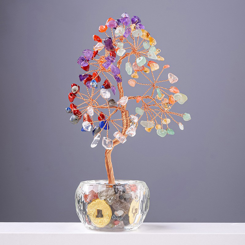 Raw Gemstone Copper Life of Tree Crystal Money Base Spiritual Meditation Energy Room Office Desk Decor Gifts