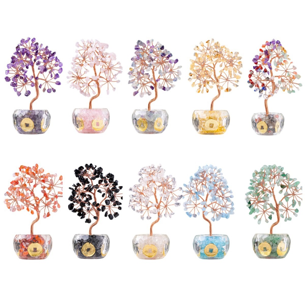 Raw Gemstone Copper Life of Tree Crystal Money Base Spiritual Meditation Energy Room Office Desk Decor Gifts