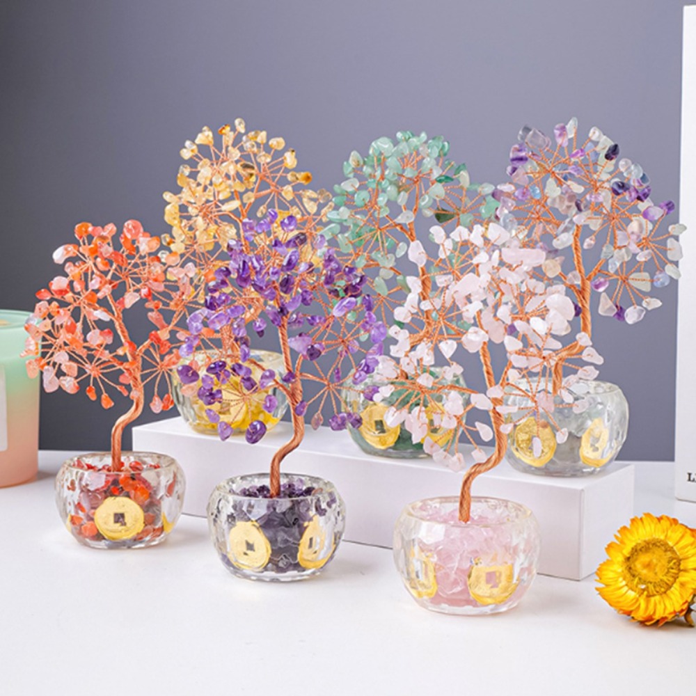 Raw Gemstone Copper Life of Tree Crystal Money Base Spiritual Meditation Energy Room Office Desk Decor Gifts