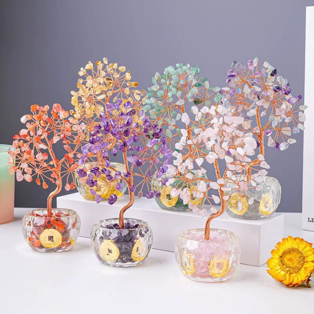 Raw Gemstone Copper Life of Tree Crystal Money Base Spiritual Meditation Energy Room Office Desk Decor Gifts