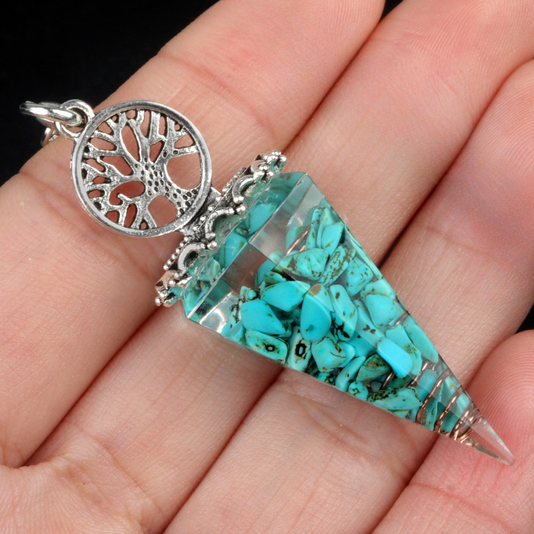 Chip Stone Resin Hexagonal Cone Antique Silver Pendulum Pendant For Making Jewelry