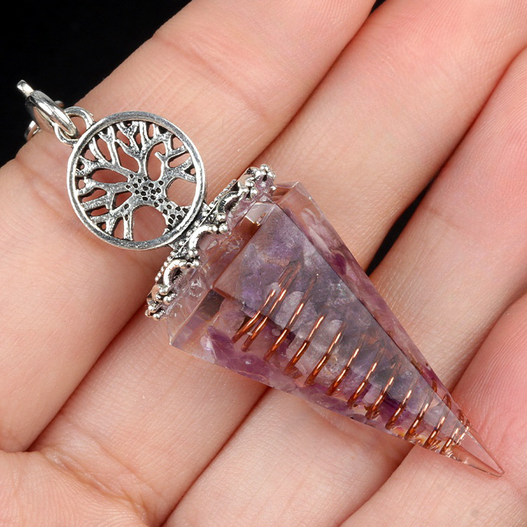 Chip Stone Resin Hexagonal Cone Antique Silver Pendulum Pendant For Making Jewelry
