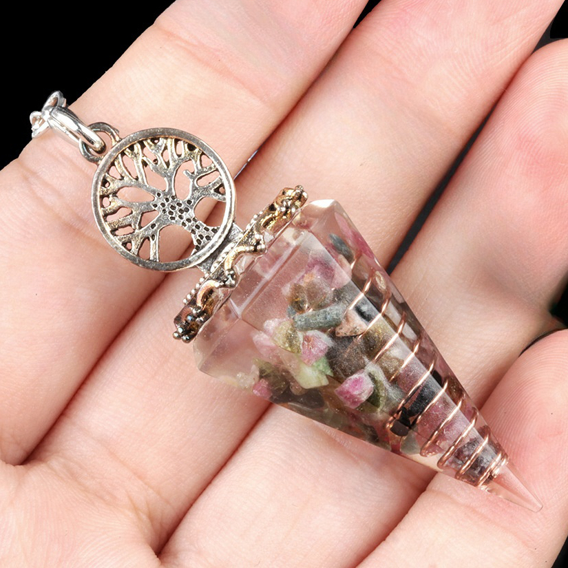 Chip Stone Resin Hexagonal Cone Antique Silver Pendulum Pendant For Making Jewelry
