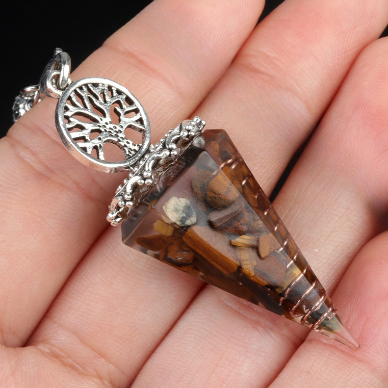 Chip Stone Resin Hexagonal Cone Antique Silver Pendulum Pendant For Making Jewelry
