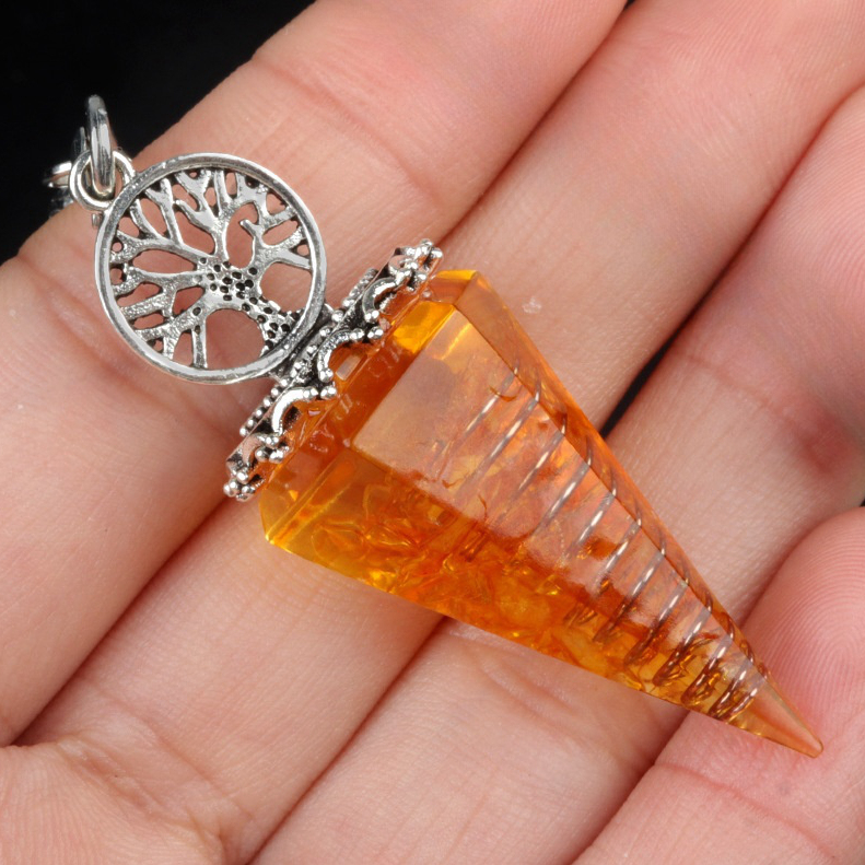 Chip Stone Resin Hexagonal Cone Antique Silver Pendulum Pendant For Making Jewelry