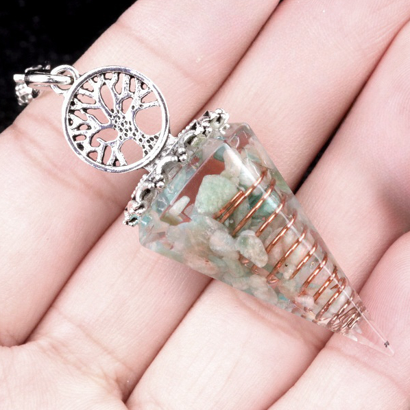 Chip Stone Resin Hexagonal Cone Antique Silver Pendulum Pendant For Making Jewelry