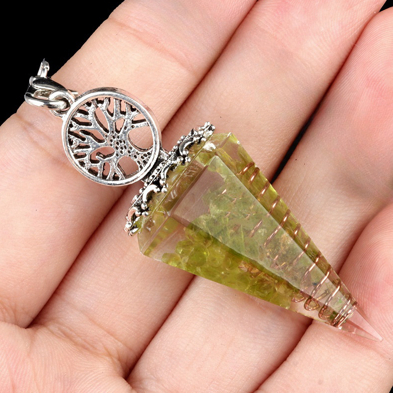 Chip Stone Resin Hexagonal Cone Antique Silver Pendulum Pendant For Making Jewelry