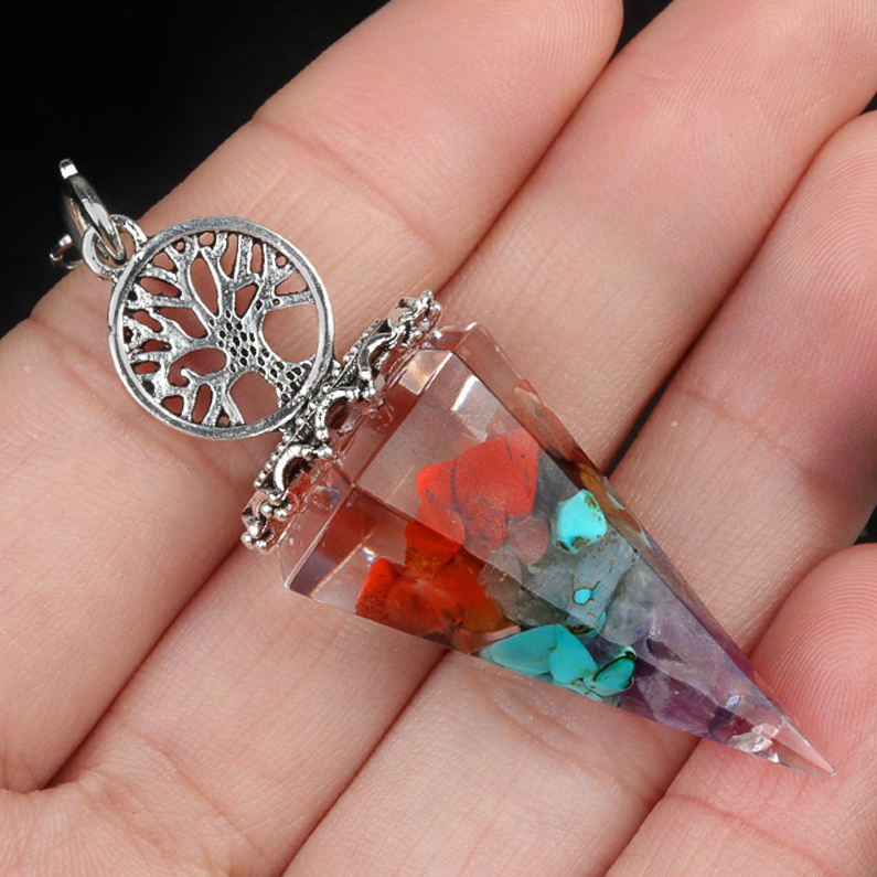 Chip Stone Resin Hexagonal Cone Antique Silver Pendulum Pendant For Making Jewelry