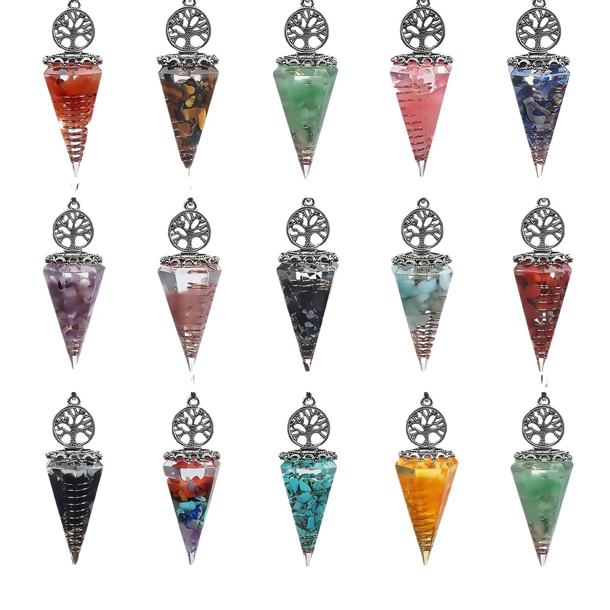 Chip Stone Resin Hexagonal Cone Antique Silver Pendulum Pendant For Making Jewelry