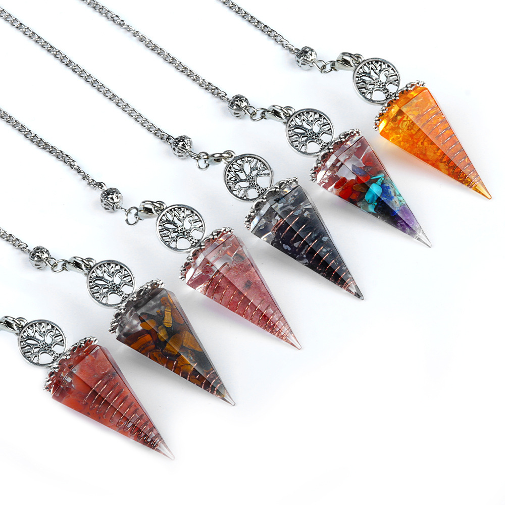 Chip Stone Resin Hexagonal Cone Antique Silver Pendulum Pendant For Making Jewelry
