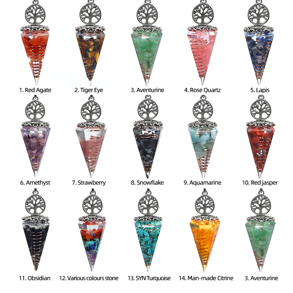 Chip Stone Resin Hexagonal Cone Antique Silver Pendulum Pendant For Making Jewelry