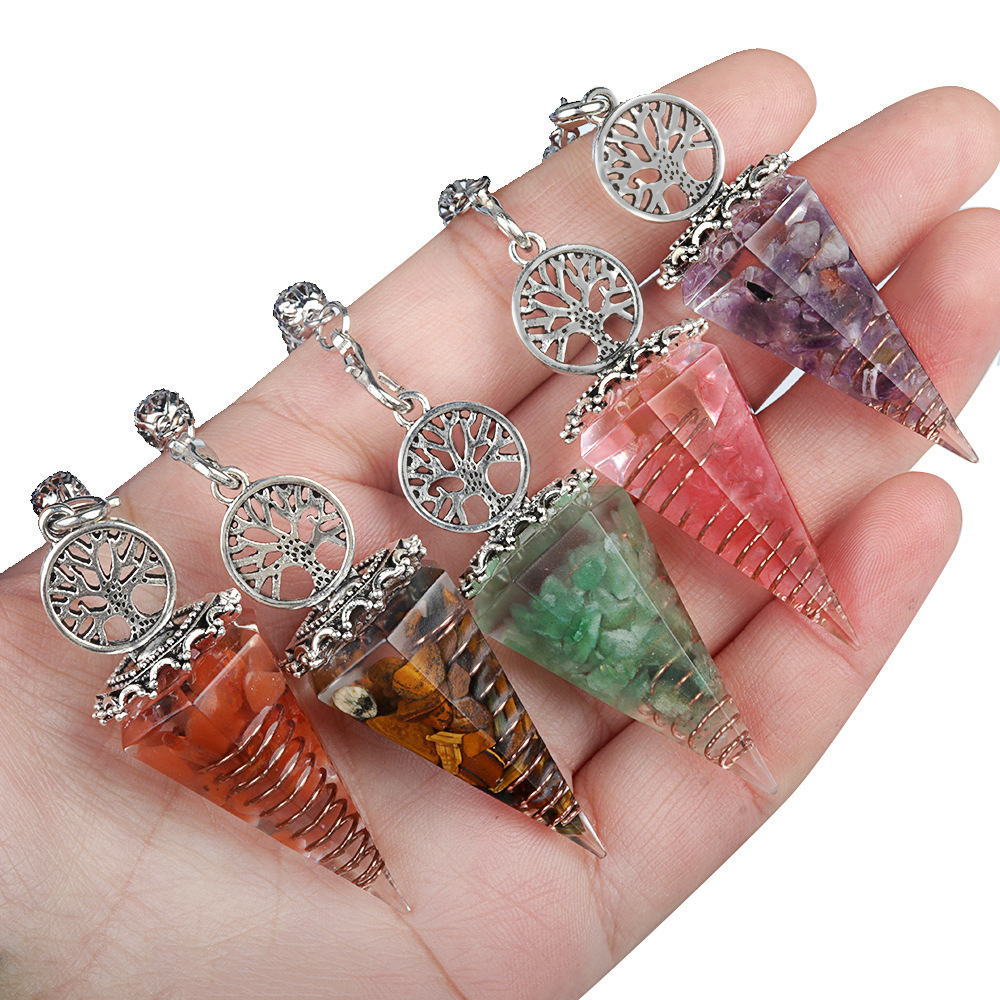 Chip Stone Resin Hexagonal Cone Antique Silver Pendulum Pendant For Making Jewelry