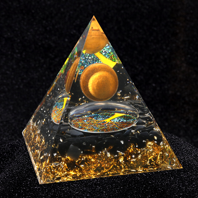 Sphere Raw Black Obsidian Base Gold 60MM Pyramid Ornament for Home Decor