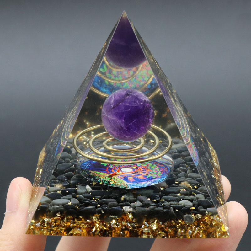 Gemstone Sphere Raw Black Obsidian Base Gold 60MM Pyramid Ornament for Home Decor