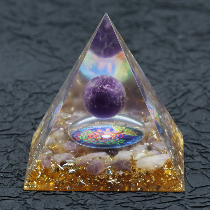 Gemstone Sphere Raw Black Obsidian Base Gold 60MM Pyramid Ornament for Home Decor