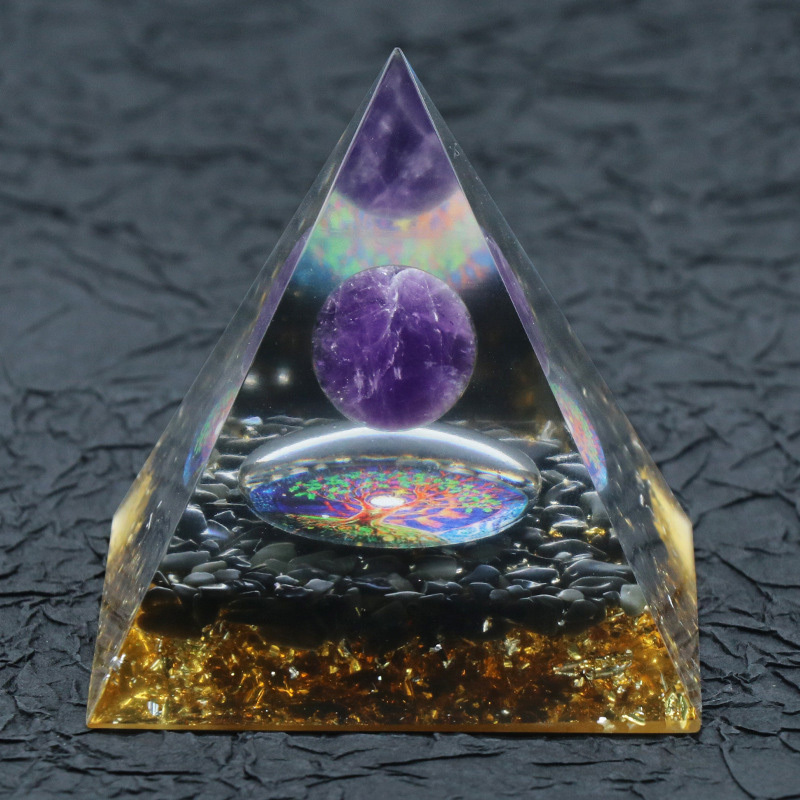 Gemstone Sphere Raw Black Obsidian Base Gold 60MM Pyramid Ornament for Home Decor