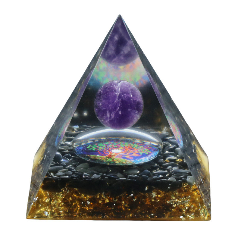 Gemstone Sphere Raw Black Obsidian Base Gold 60MM Pyramid Ornament for Home Decor