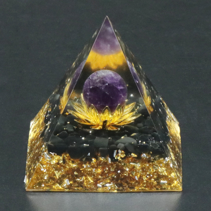 Gemstone Sphere Raw Black Obsidian Base Gold 60MM Pyramid Ornament for Home Decor
