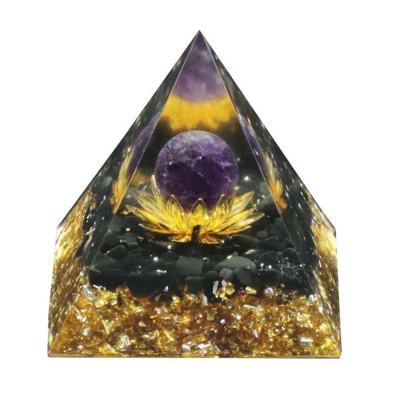 Gemstone Sphere Raw Black Obsidian Base Gold 60MM Pyramid Ornament for Home Decor