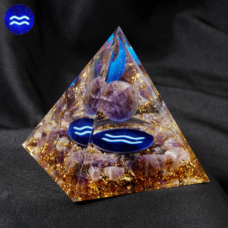 12 Constellation  Amethyst Balls  Chip Stone Base Gold 60MM Pyramid Ornament for Home Decor