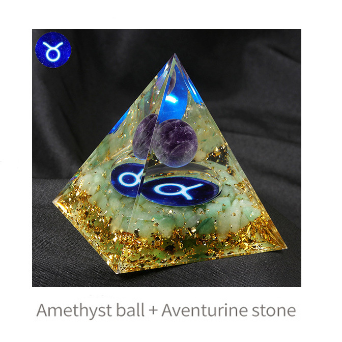 12 Constellation  Amethyst Balls  Chip Stone Base Gold 60MM Pyramid Ornament for Home Decor