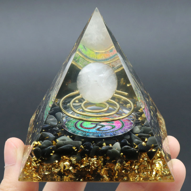 Gemstone Sphere Raw Black Obsidian Base Gold 60MM Pyramid Ornament for Home Decor
