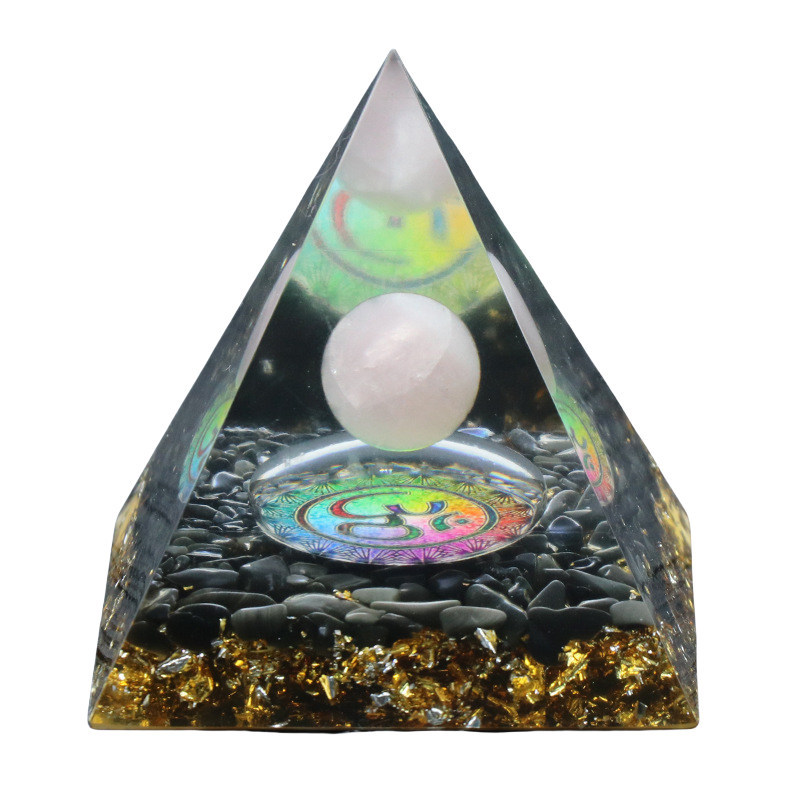 Gemstone Sphere Raw Black Obsidian Base Gold 60MM Pyramid Ornament for Home Decor