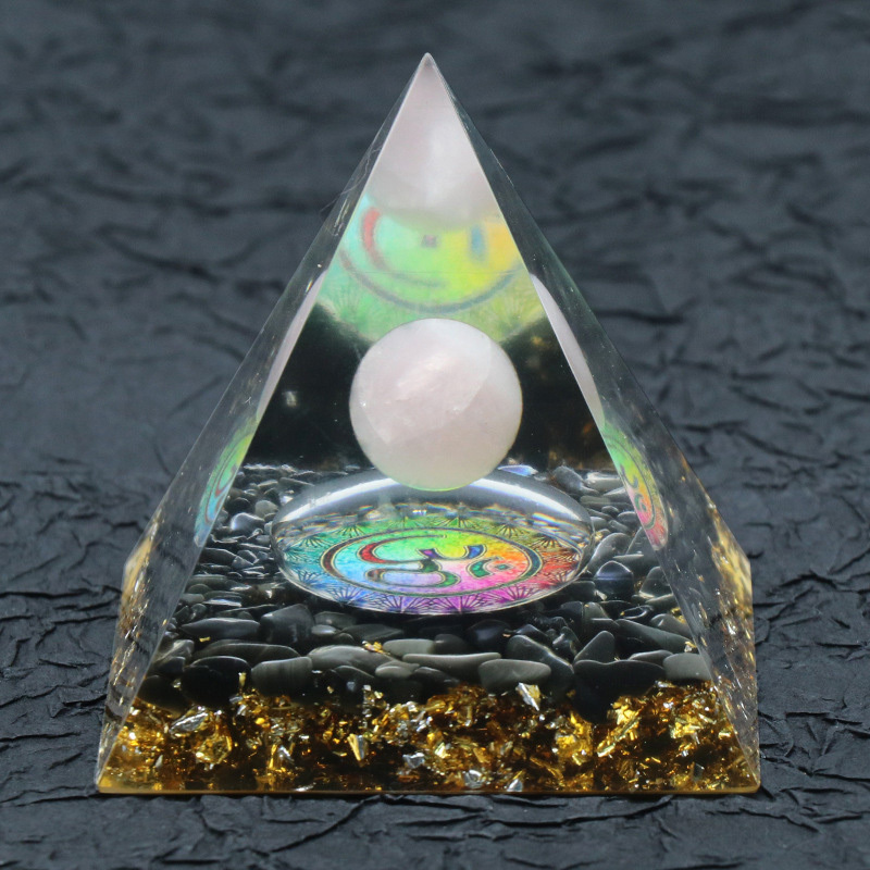 Gemstone Sphere Raw Black Obsidian Base Gold 60MM Pyramid Ornament for Home Decor