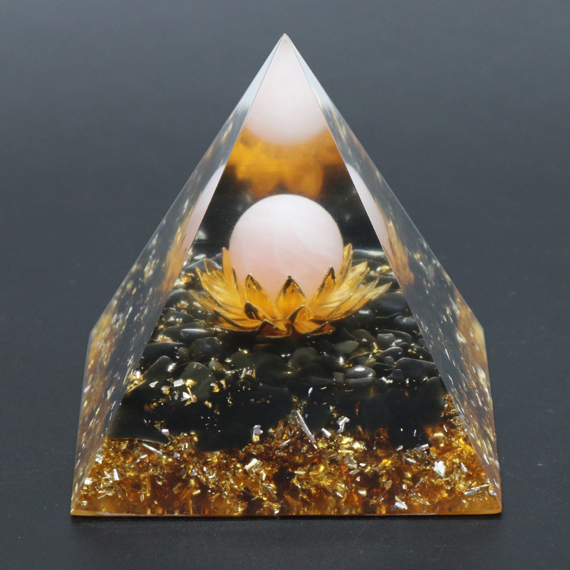 Gemstone Sphere Raw Black Obsidian Base Gold 60MM Pyramid Ornament for Home Decor