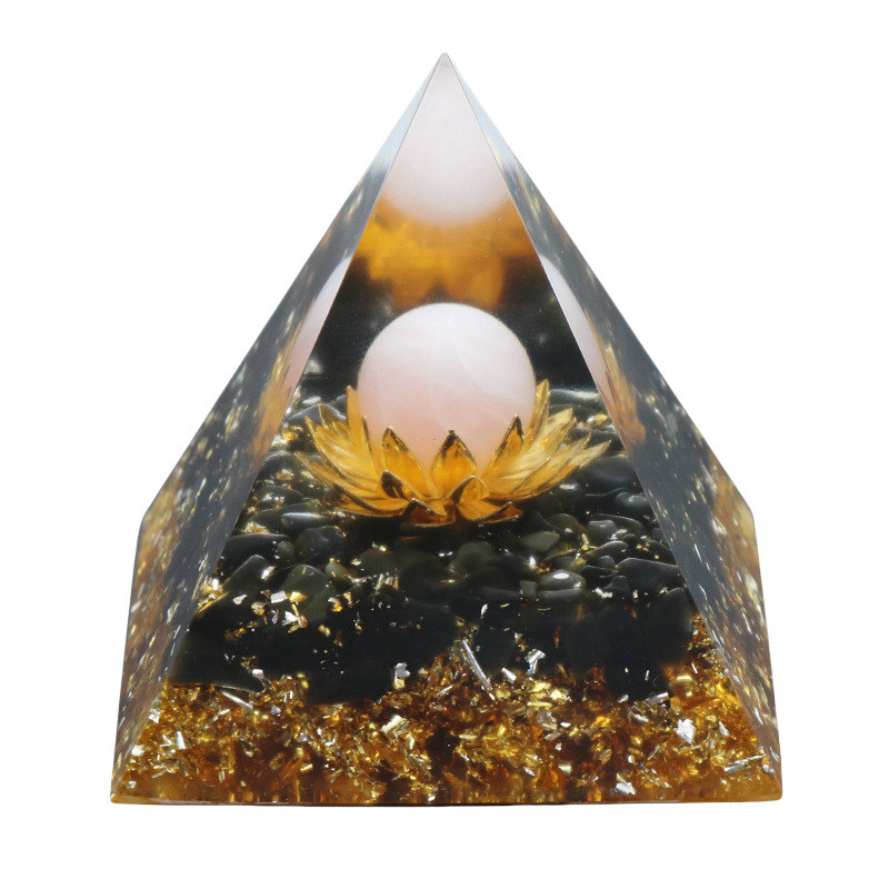 Gemstone Sphere Raw Black Obsidian Base Gold 60MM Pyramid Ornament for Home Decor