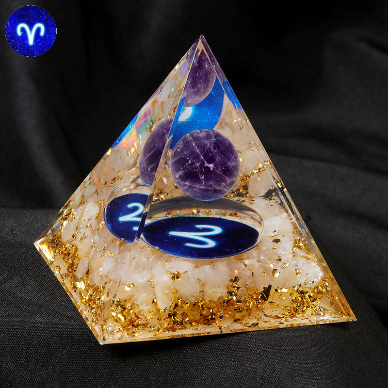 12 Constellation  Amethyst Balls  Chip Stone Base Gold 60MM Pyramid Ornament for Home Decor