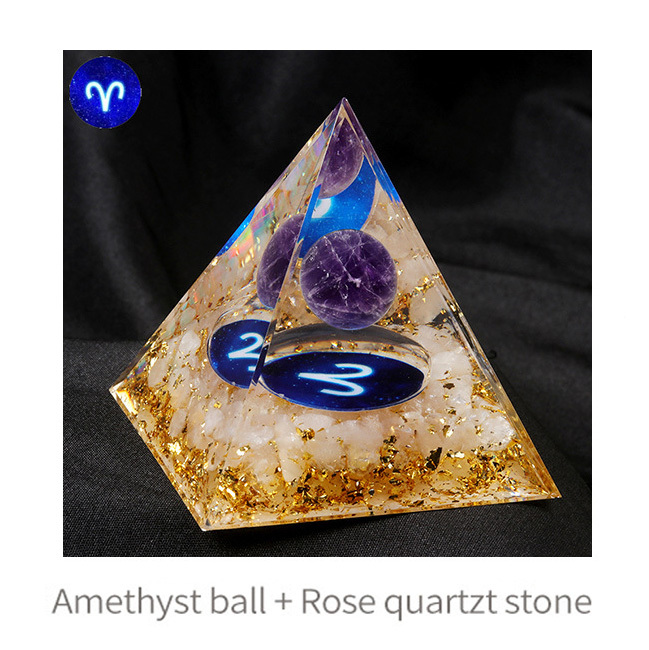 12 Constellation  Amethyst Balls  Chip Stone Base Gold 60MM Pyramid Ornament for Home Decor