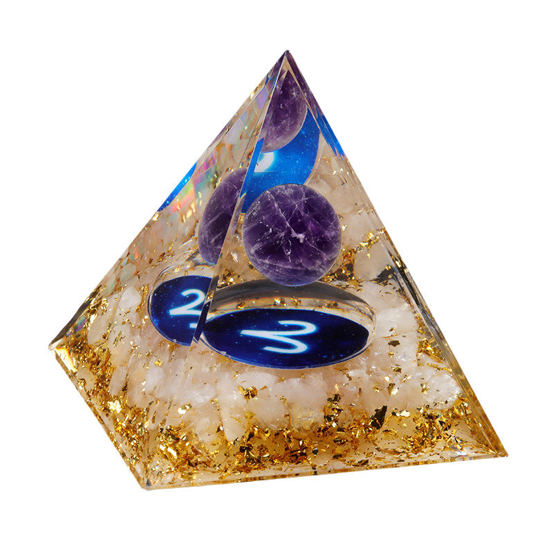 12 Constellation  Amethyst Balls  Chip Stone Base Gold 60MM Pyramid Ornament for Home Decor