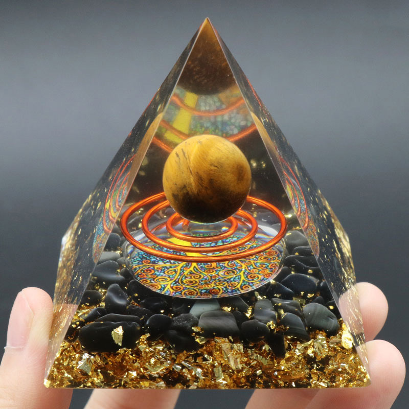 Gemstone Sphere Raw Black Obsidian Base Gold 60MM Pyramid Ornament for Home Decor