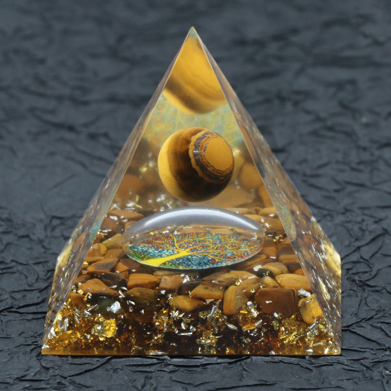 Gemstone Sphere Raw Black Obsidian Base Gold 60MM Pyramid Ornament for Home Decor