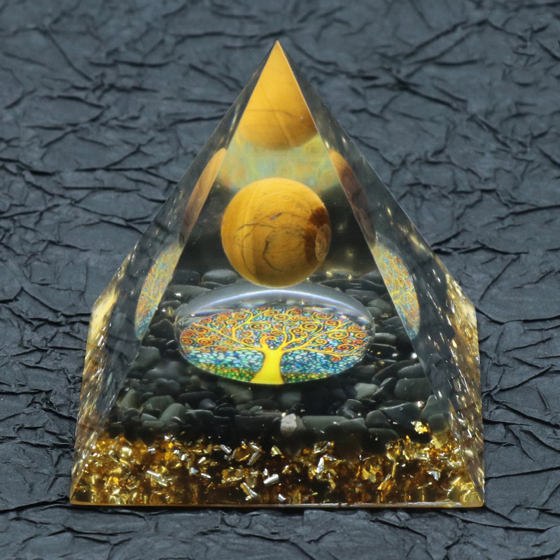 Gemstone Sphere Raw Black Obsidian Base Gold 60MM Pyramid Ornament for Home Decor