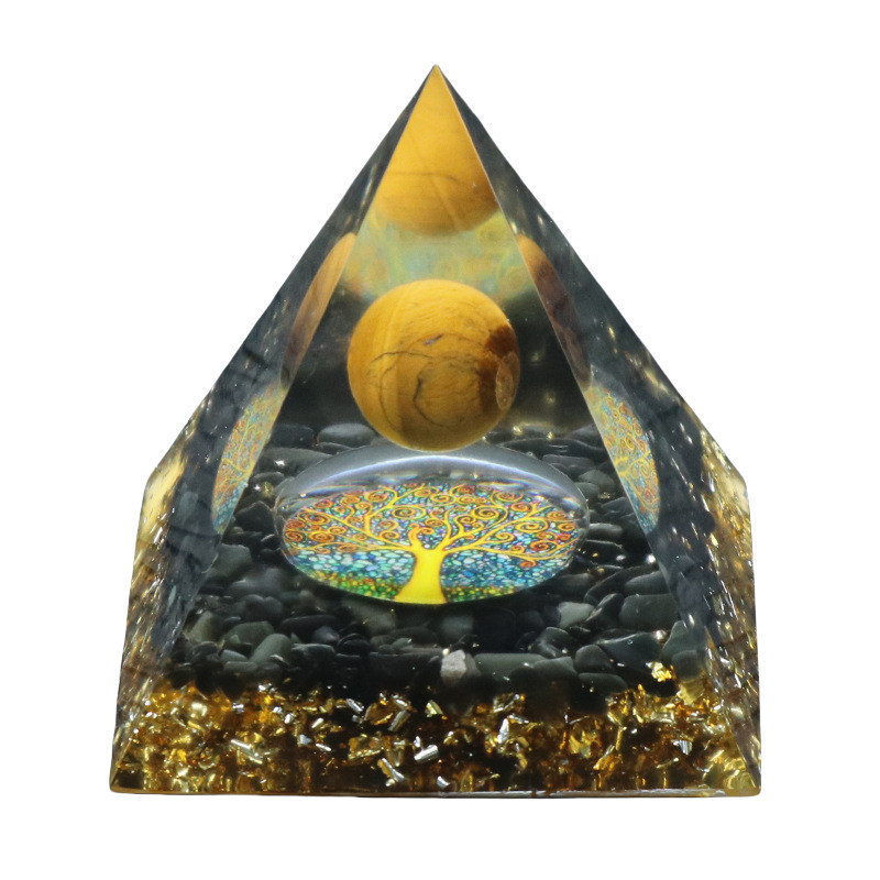 Gemstone Sphere Raw Black Obsidian Base Gold 60MM Pyramid Ornament for Home Decor