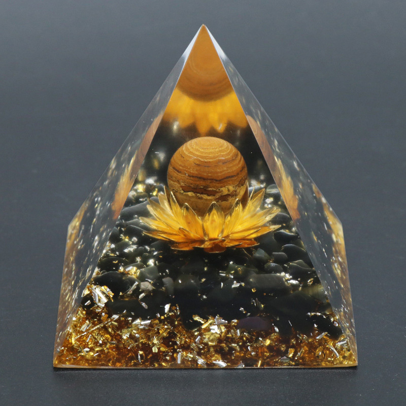 Gemstone Sphere Raw Black Obsidian Base Gold 60MM Pyramid Ornament for Home Decor