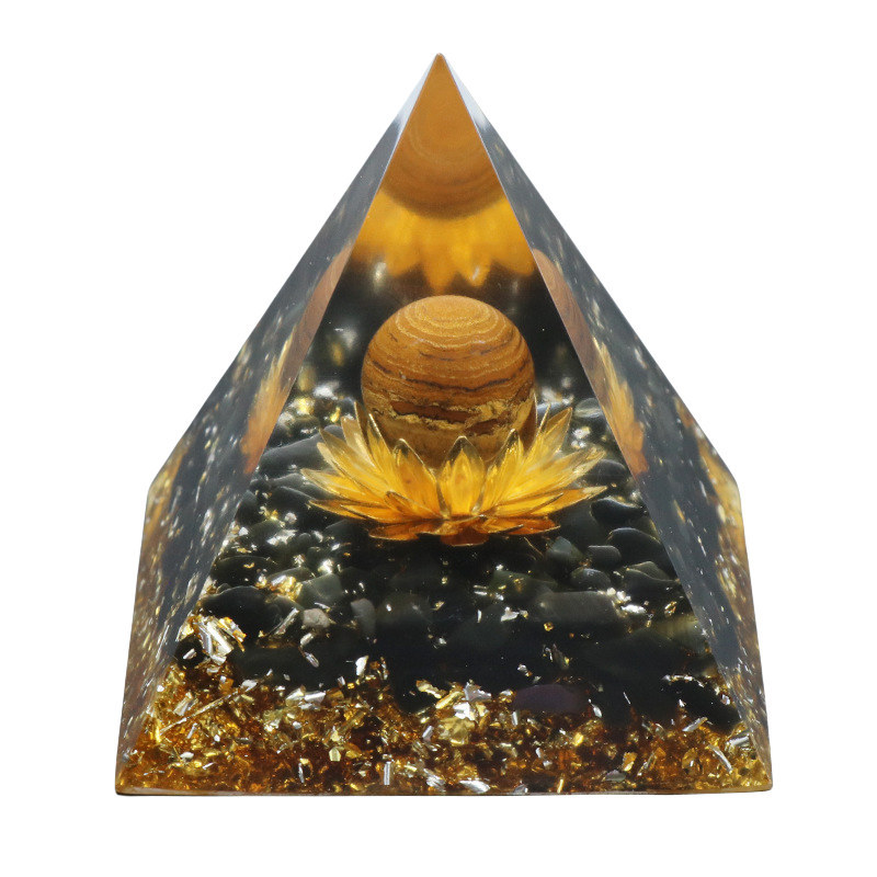 Gemstone Sphere Raw Black Obsidian Base Gold 60MM Pyramid Ornament for Home Decor