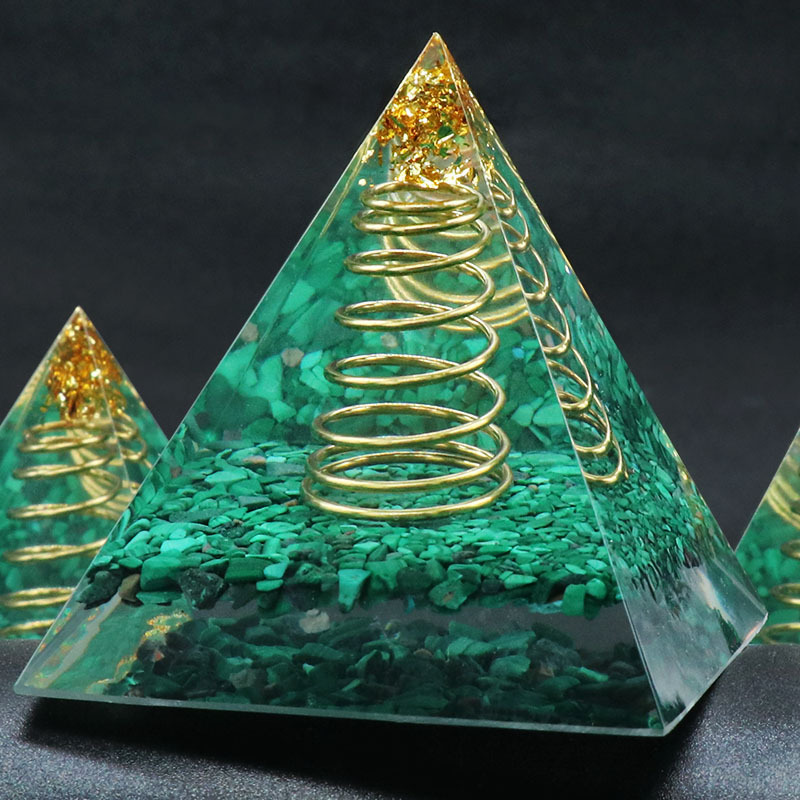 Malachite Raw Base Gold 60MM Pyramid Ornament for Home Decor
